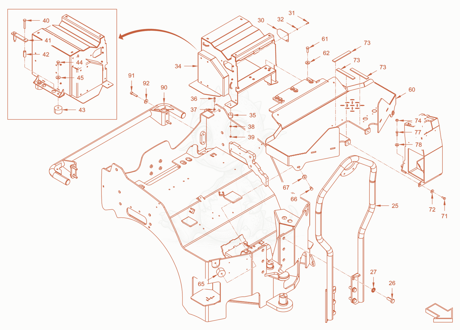 Exploded parts diagram of the main frame and assemblies of a Wacker Neuson RD28-120CE, with numbered balloons
