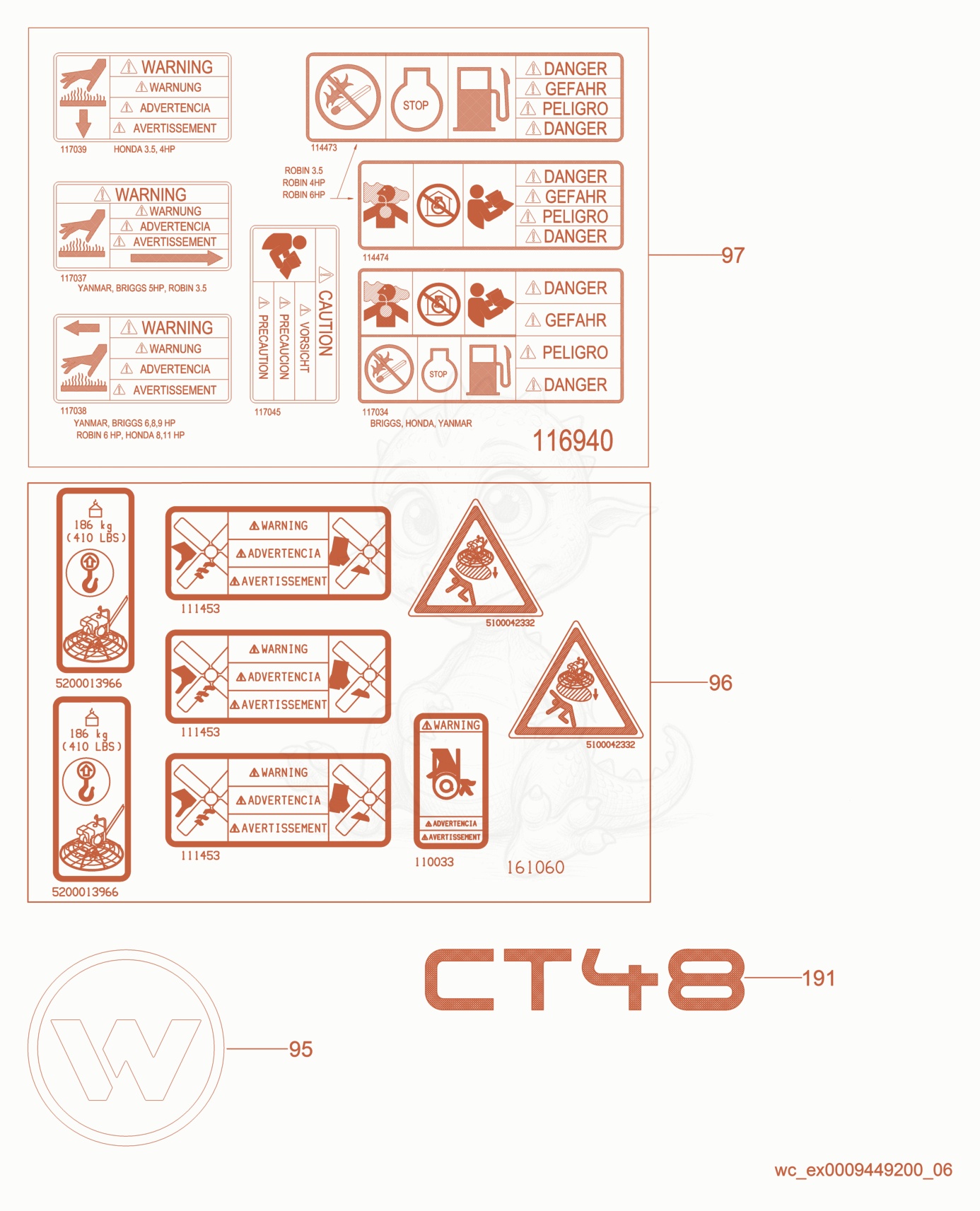 Exploded parts diagram of the Labels of a Wacker Neuson CT48-11A, with numbered balloons