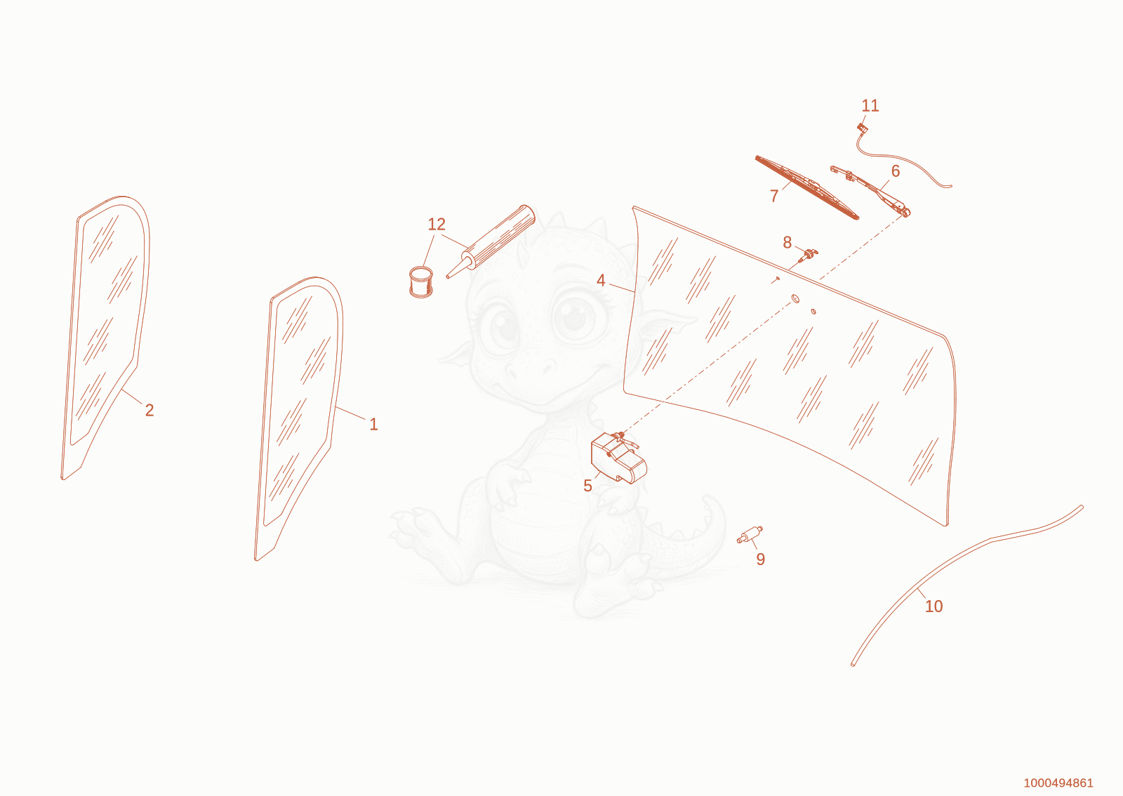 Exploded parts diagram of the rear window of a Wacker Neuson WL60T4F, with numbered balloons