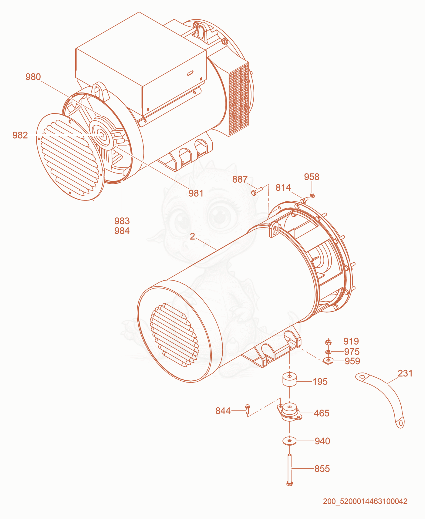 Exploded parts diagram of the Generator Mount cpl. of a Wacker Neuson G70, with numbered balloons