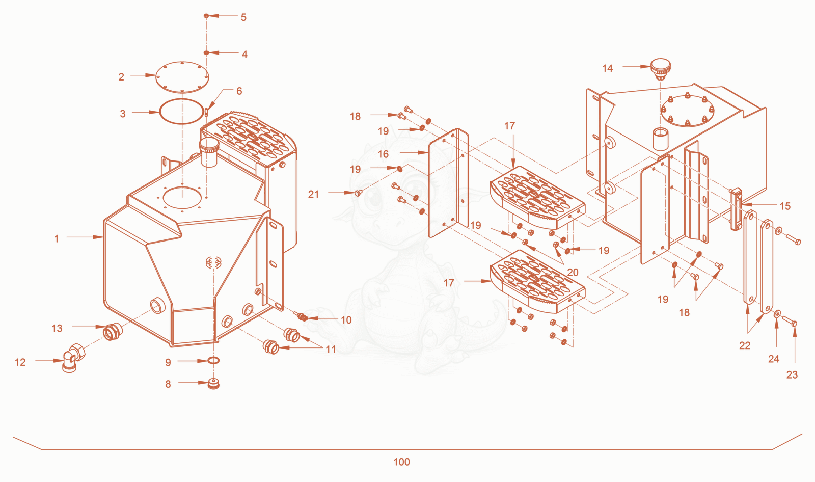 Exploded parts diagram of the Oil Tank of a Wacker Neuson RC70VOUS, with numbered balloons