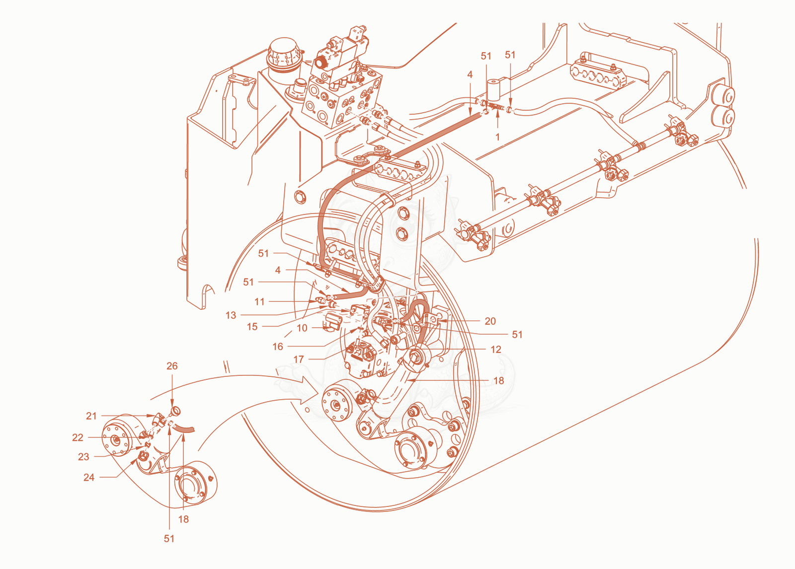 Exploded parts diagram of the edge pressing and cuttingdevice of a Wacker Neuson RD40-130CDPF, with numbered balloons