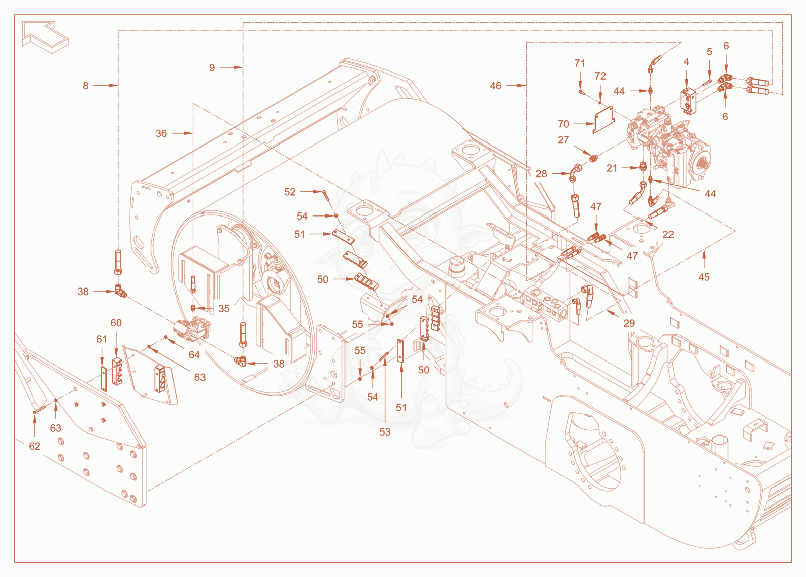 Exploded parts diagram of the vibration drive of a Wacker Neuson RC50DPFCAB, with numbered balloons