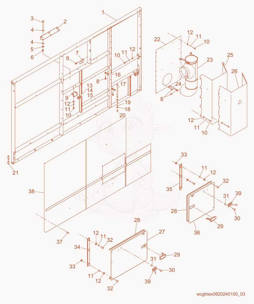 Exploded parts diagram of the Right Side Enclosure cpl. of a Wacker Neuson CH5000, with numbered balloons
