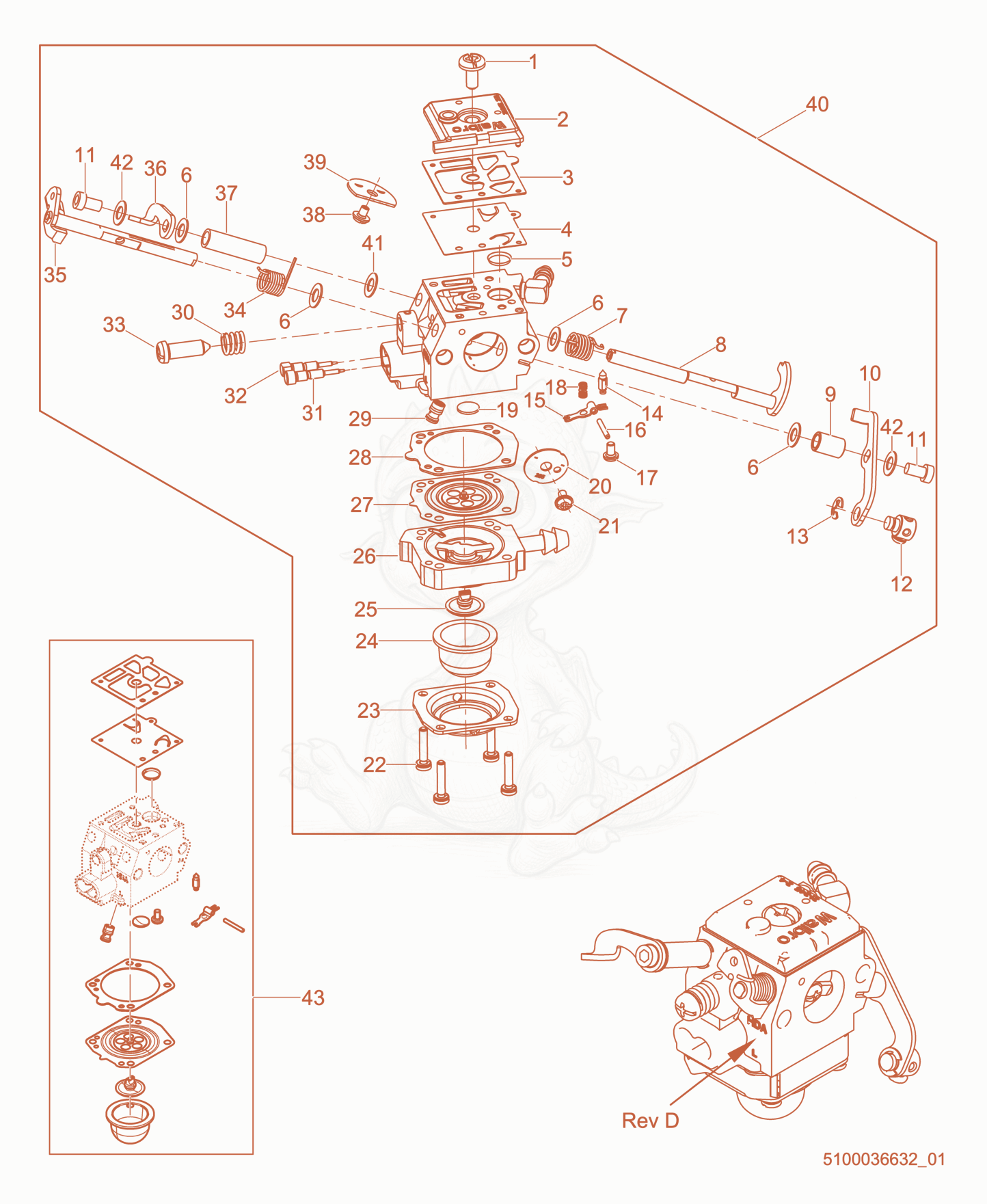 Exploded parts diagram of the Carburetor cpl. Rev-D of a Wacker Neuson BS50-2I, with numbered balloons