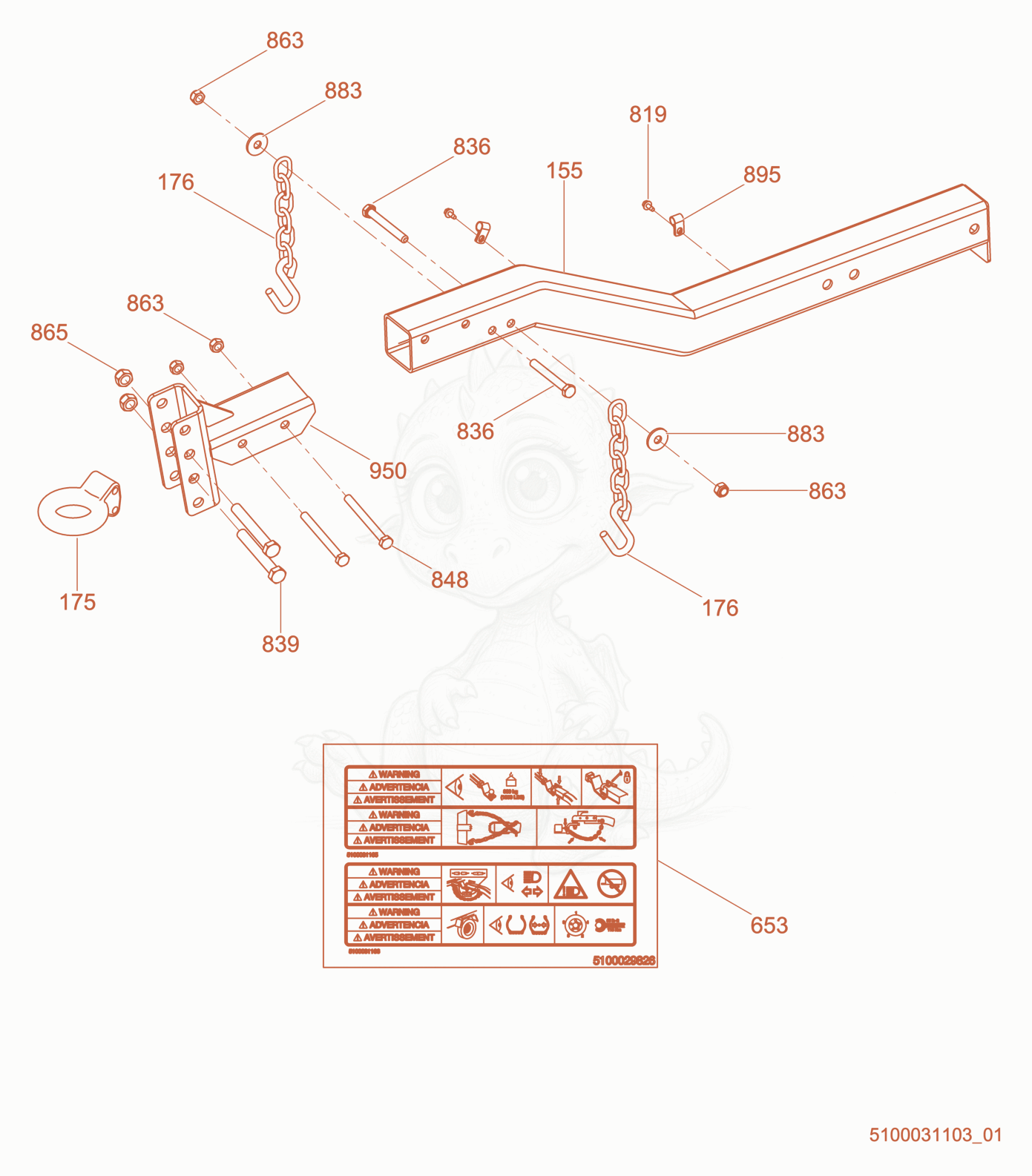 Exploded parts diagram of the Option-Adjustable Pintle Hitch of a Wacker Neuson LTV6L, with numbered balloons