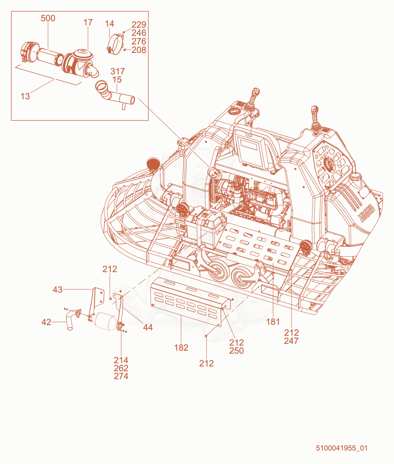 Exploded parts diagram of the Air cleaner/Rear panel of a Wacker Neuson CRT60-74LX, with numbered balloons