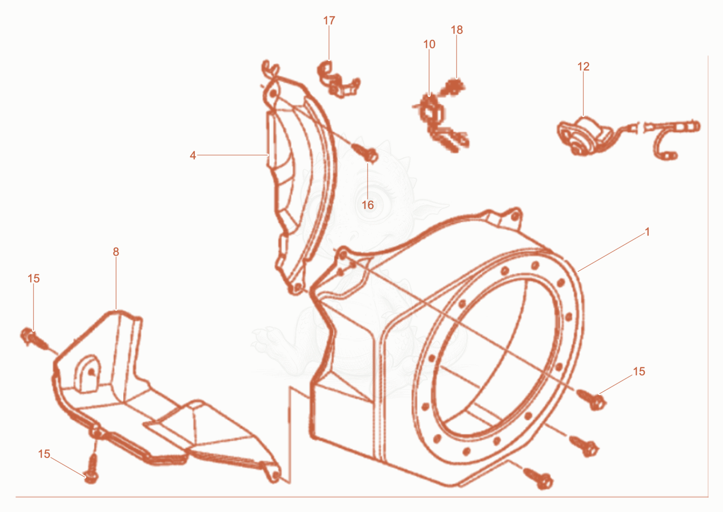 Despiece del Fan hood de una máquina Wacker Neuson WPKMAT, con globos numerados