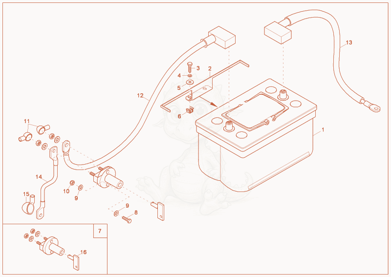Exploded parts diagram of the battery of a Wacker Neuson 9503, with numbered balloons