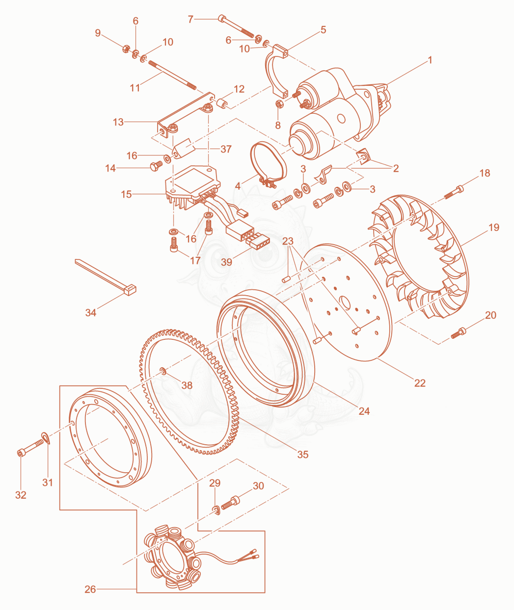 Exploded parts diagram of the Starter, Generator of a Wacker Neuson DPU3050HE, with numbered balloons