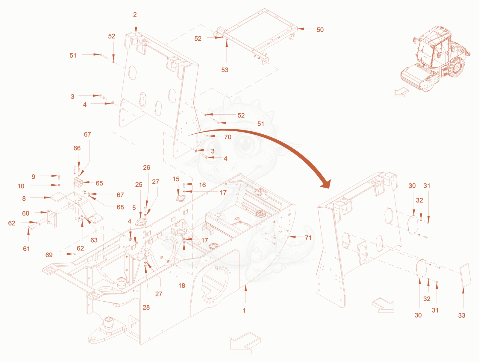 Exploded parts diagram of the main frame and assemblies of a Wacker Neuson RC50P, with numbered balloons