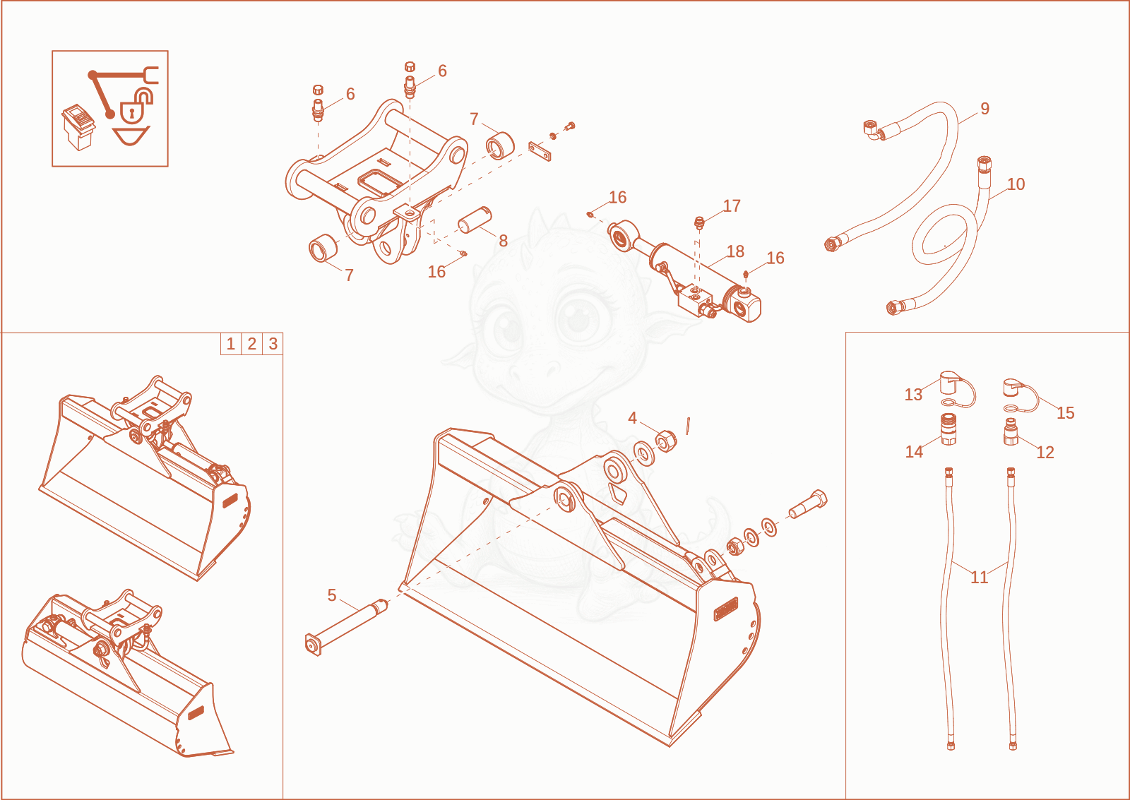 Exploded parts diagram of the tilting bucket QHS (option) of a Wacker Neuson ET42, with numbered balloons