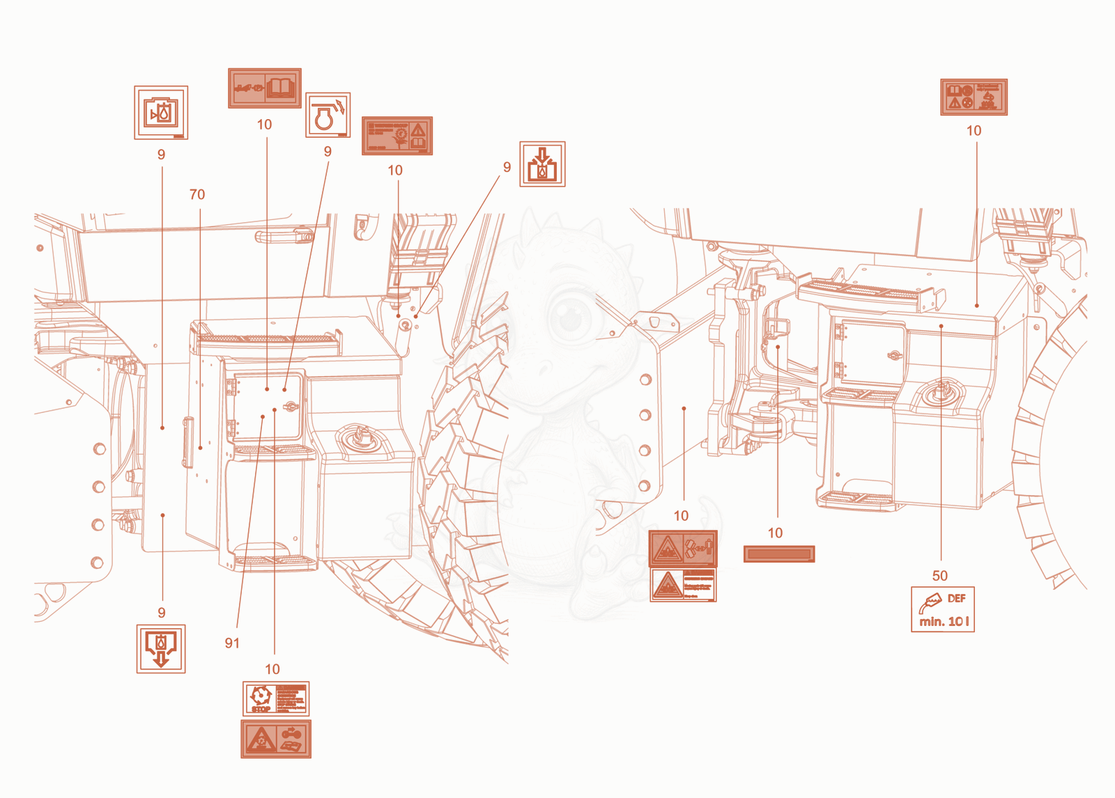 Exploded parts diagram of the sticker arrangement of a Wacker Neuson RC110ROPS, with numbered balloons
