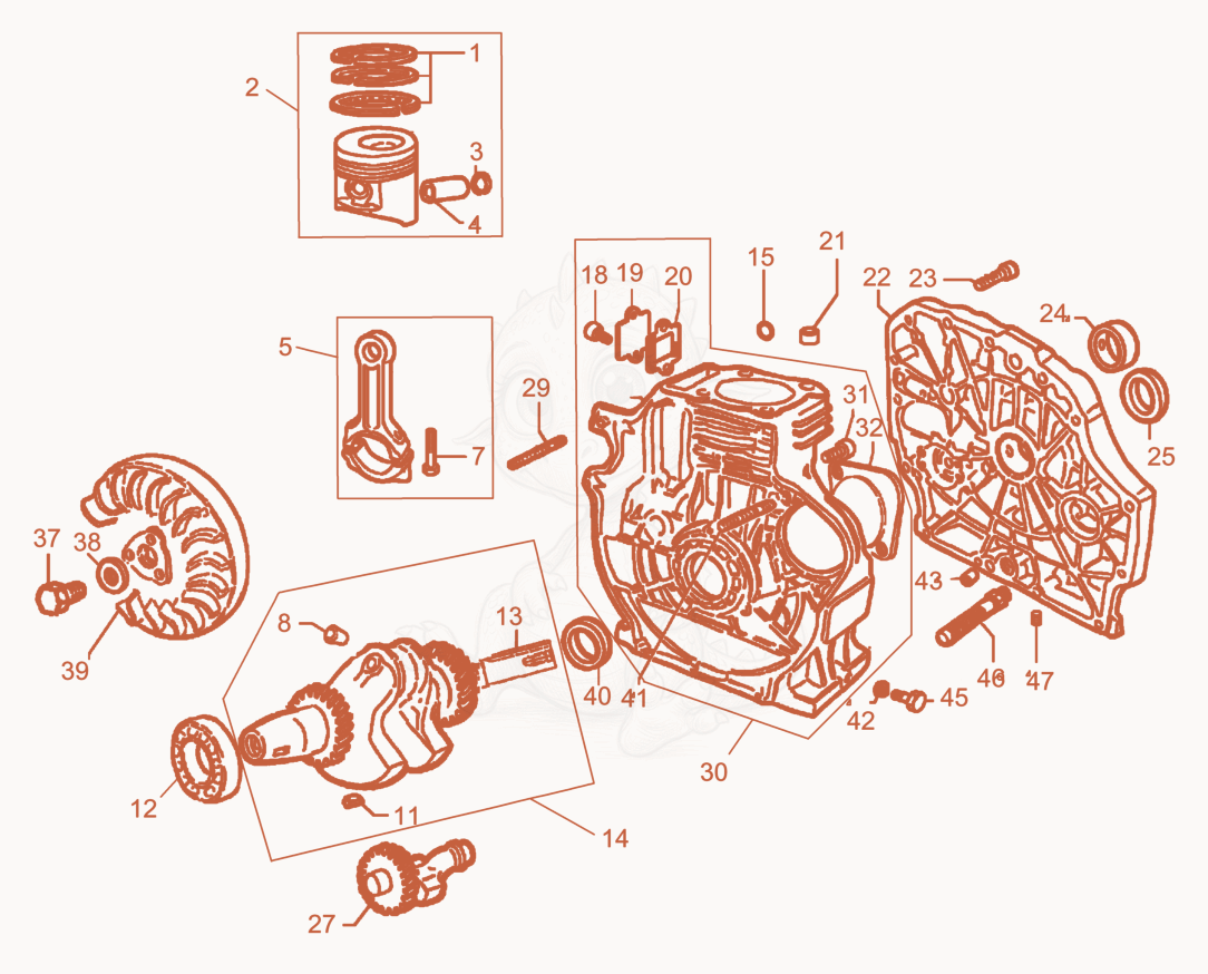Exploded parts diagram of the Connecting rod-Crankshaft-Crankcase-Flywheel of a Wacker Neuson L5000/225ISO, with numbered balloons