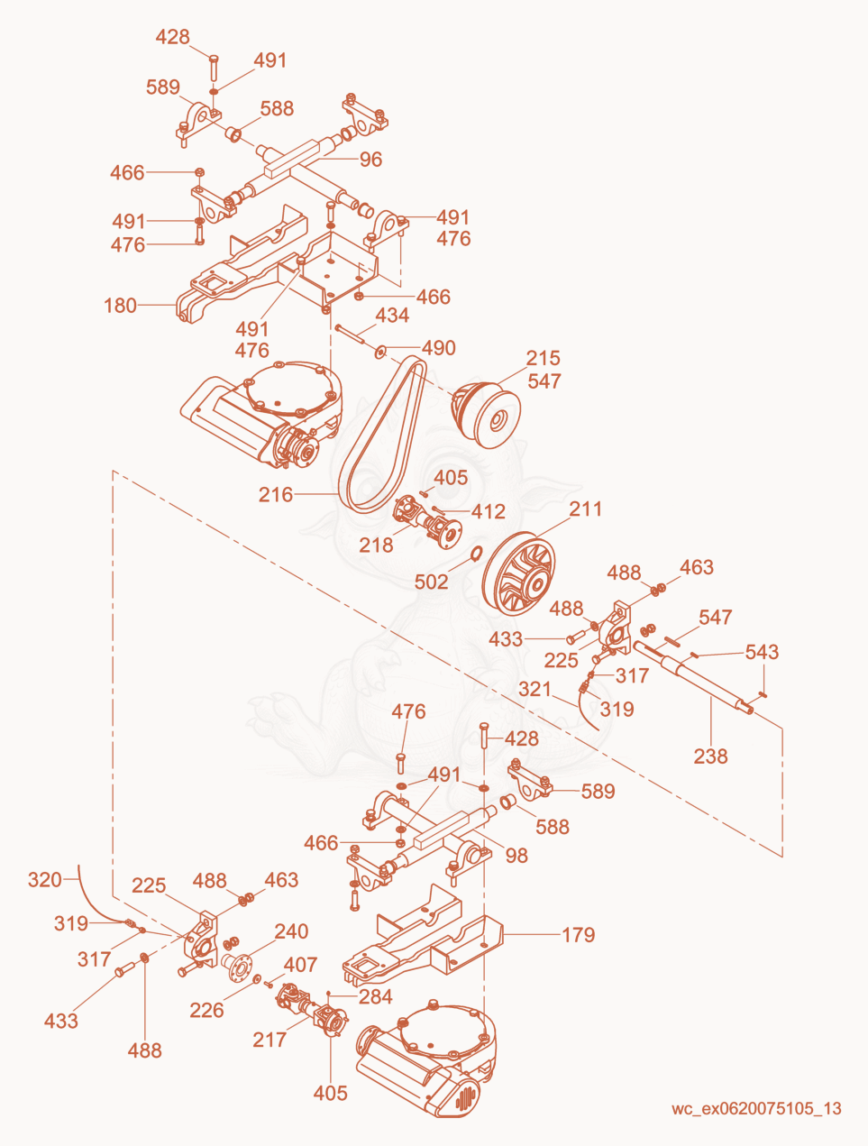Exploded parts diagram of the Drive cpl. of a Wacker Neuson CRT48-34V, with numbered balloons