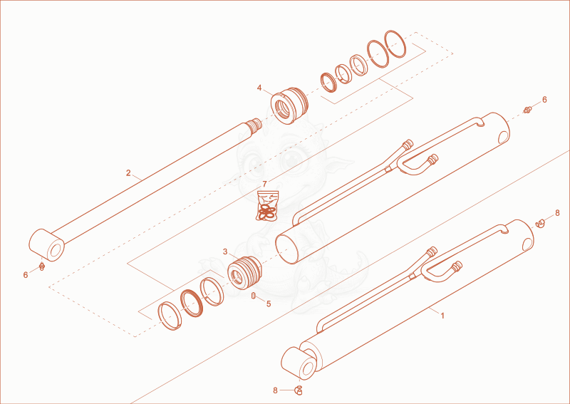 Exploded parts diagram of the tilt ram of a Wacker Neuson DW40, with numbered balloons