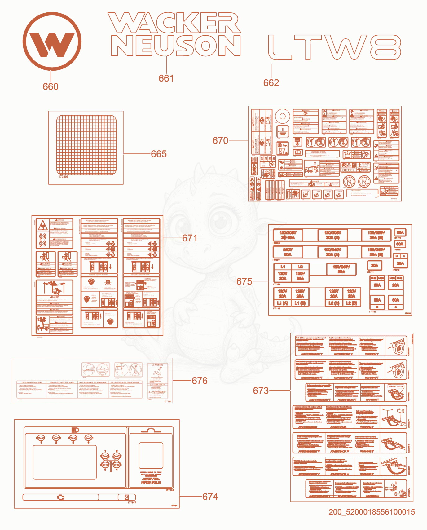 Exploded parts diagram of the Labels of a Wacker Neuson LTW8K-VS, with numbered balloons