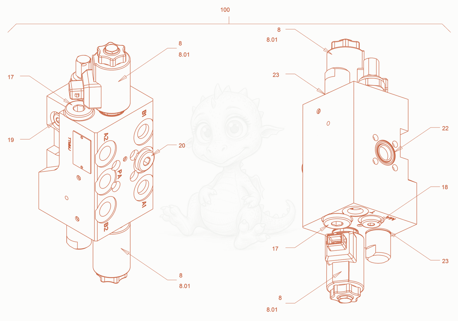 Exploded parts diagram of the valve block (changingover of vibration) of a Wacker Neuson RD24-100C, with numbered balloons