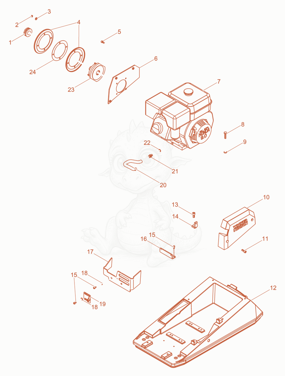 Exploded parts diagram of the Upper Mass of a Wacker Neuson BPU3545AUS, with numbered balloons