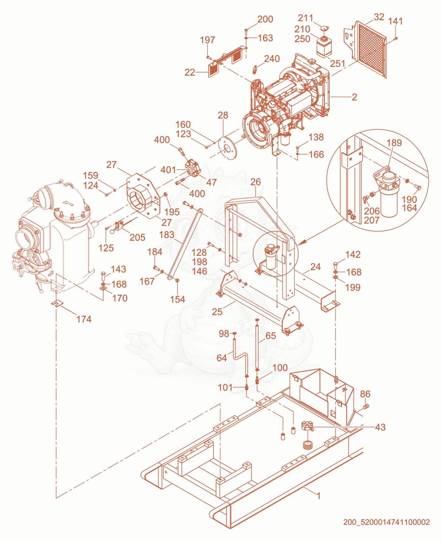 Exploded parts diagram of the Engine Mount of a Wacker Neuson PT6LS, with numbered balloons