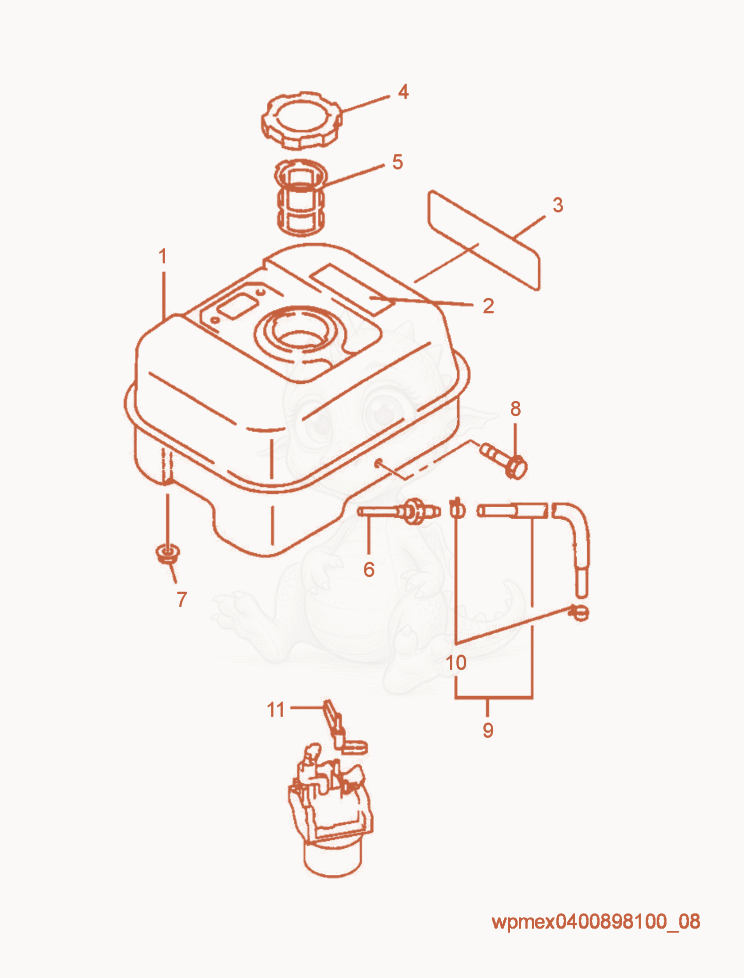 Exploded parts diagram of the Fuel Tank cpl. of a Wacker Neuson VP1135R-AU, with numbered balloons