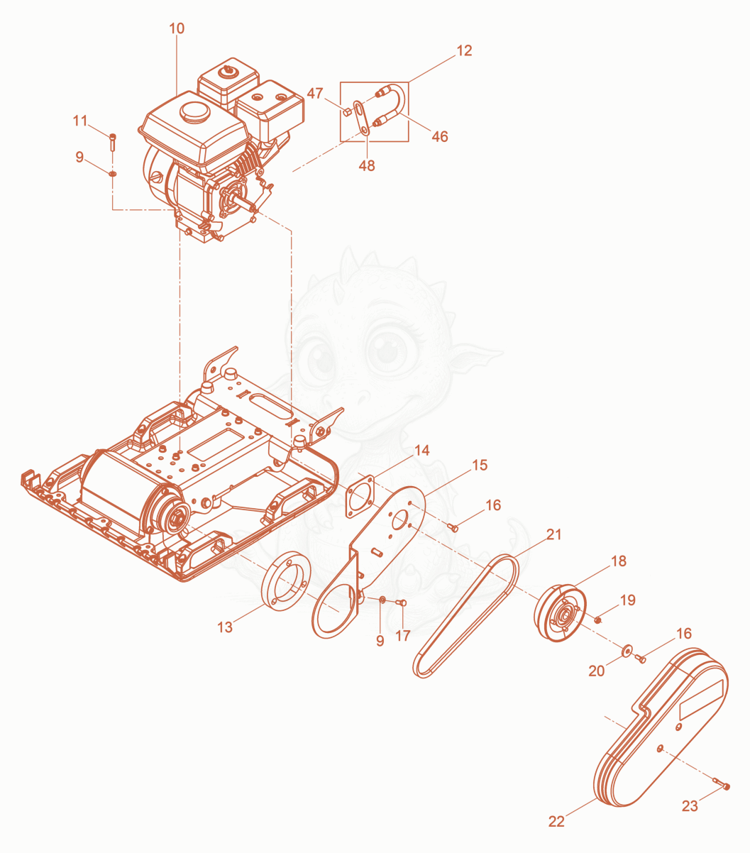 Exploded parts diagram of the Vibration Plate of a Wacker Neuson VP2050AWUS, with numbered balloons