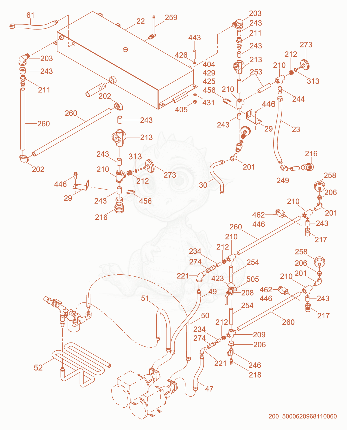 Exploded parts diagram of the Reservoir/Piping of a Wacker Neuson E3000ES, with numbered balloons