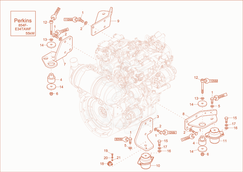 Exploded parts diagram of the Engine bedding of a Wacker Neuson ET145, with numbered balloons