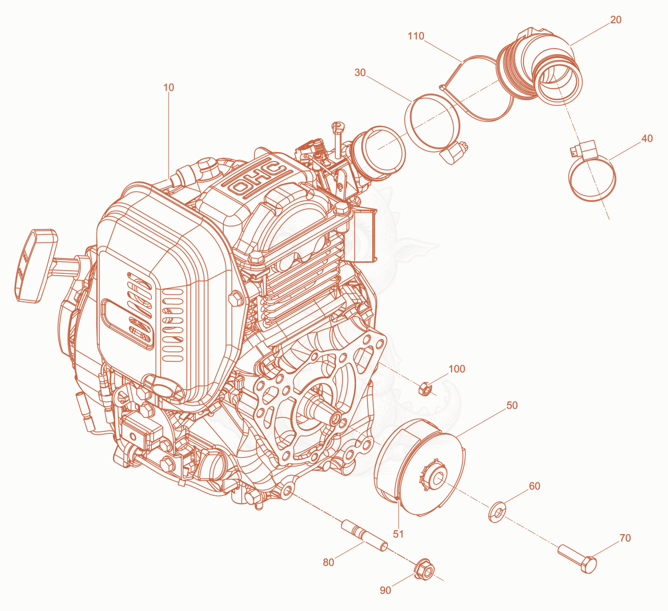Despiece del Engine Honda GXR120 de una máquina Wacker Neuson KMAT, con globos numerados