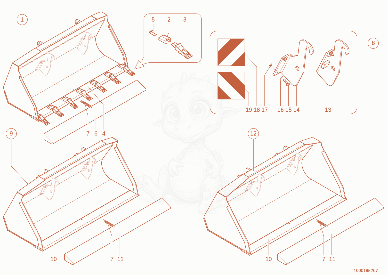 Exploded parts diagram of the loading bucket of a Wacker Neuson 1150, with numbered balloons