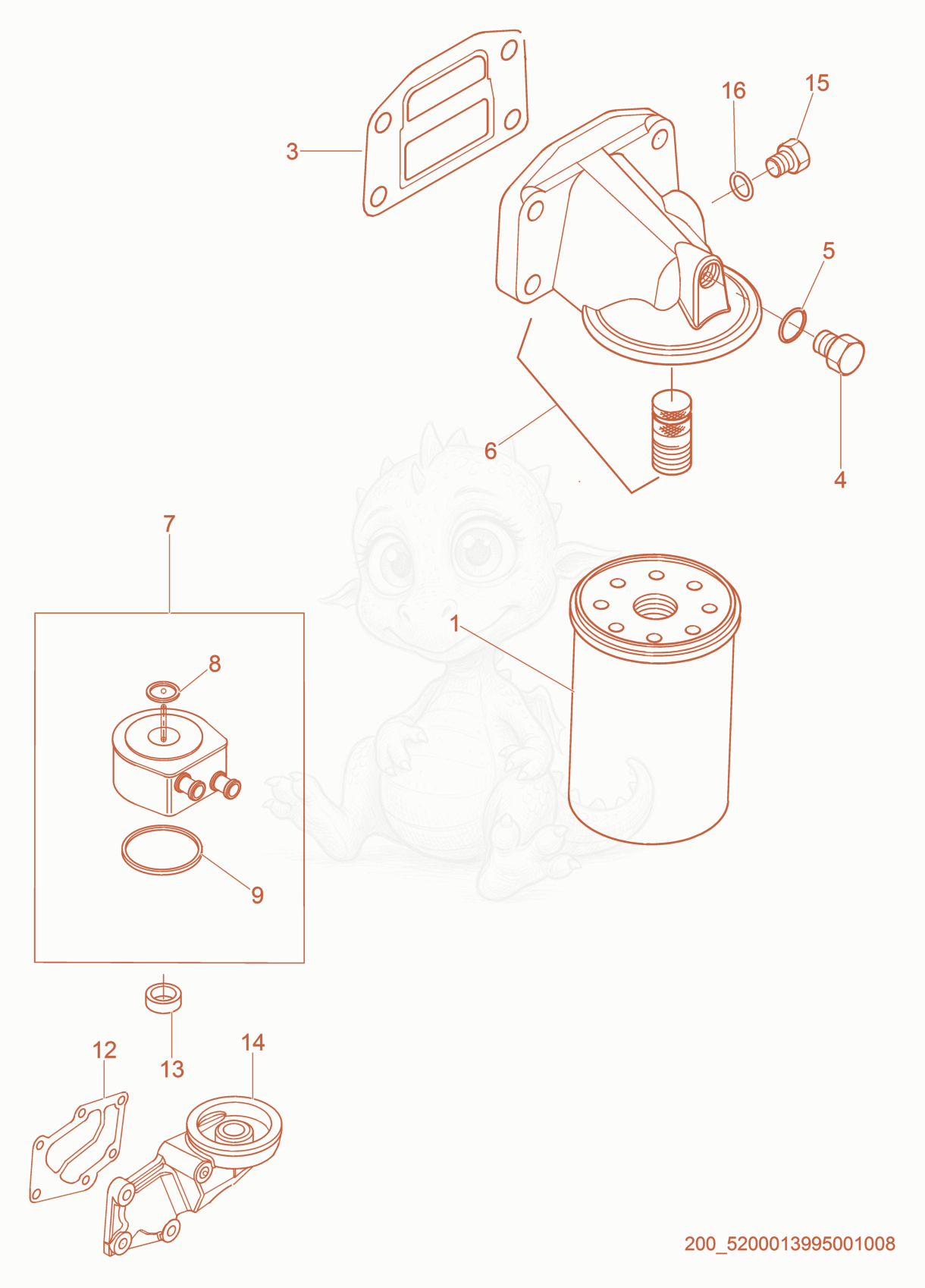 Exploded parts diagram of the Oil Cooler / Filter of a Wacker Neuson G40, with numbered balloons