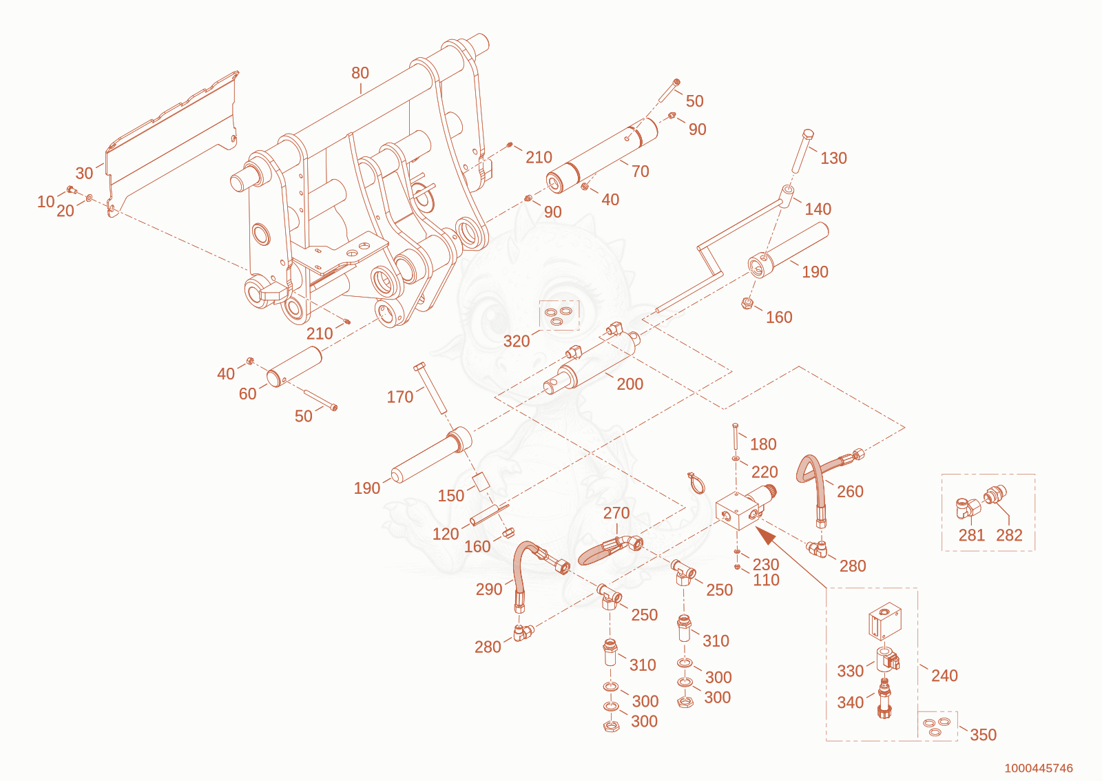 Exploded parts diagram of the quickhitch plate of a Wacker Neuson TH412(T01-01), with numbered balloons