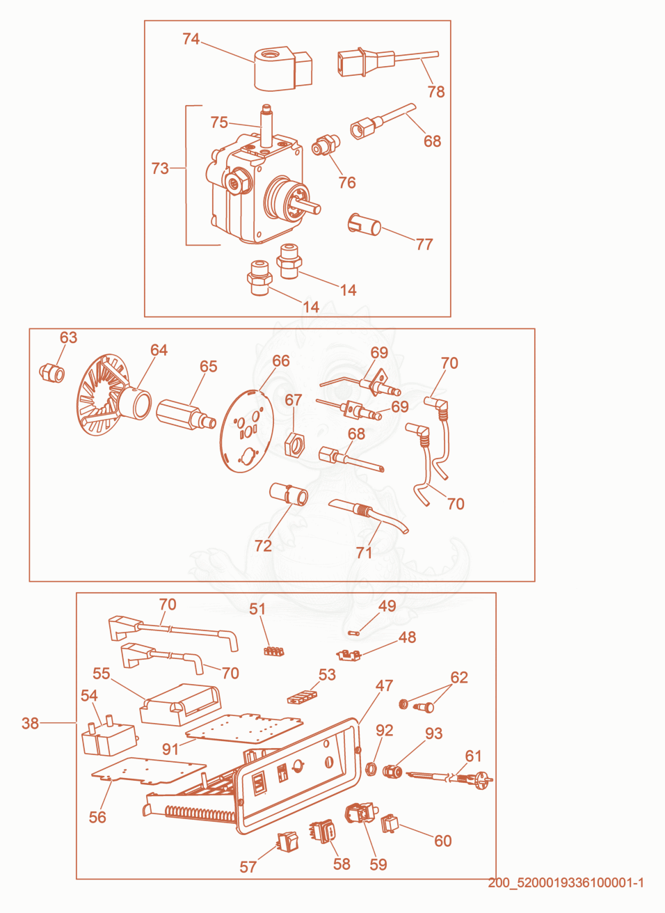 Exploded parts diagram of the Fuel Pump / Heater / Control Panel of a Wacker Neuson HD70, with numbered balloons