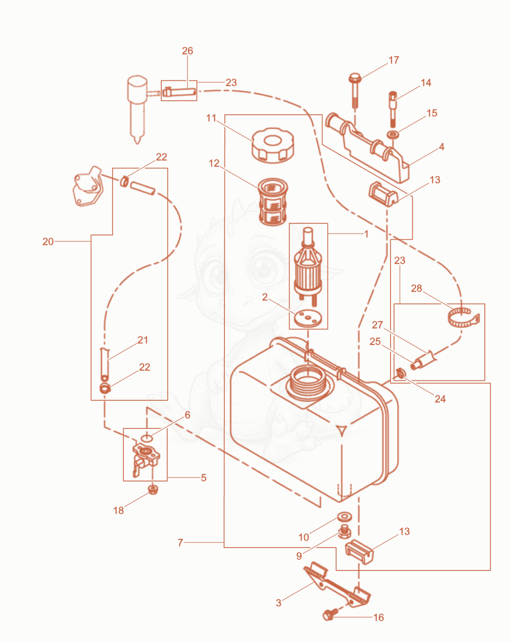 Exploded parts diagram of the Fuel Tank, Fuel Pipes of a Wacker Neuson RD10YEHFLRC, with numbered balloons