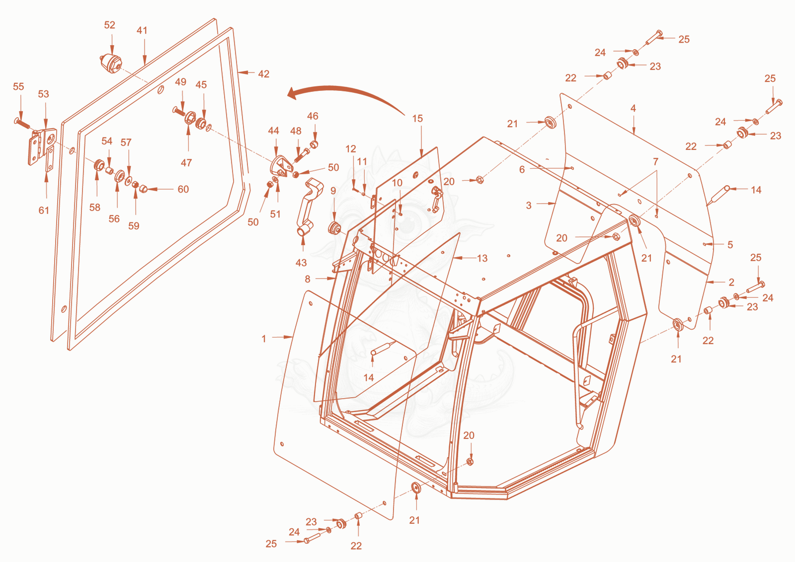 Exploded parts diagram of the driver's cabin of a Wacker Neuson RC110USROPS, with numbered balloons