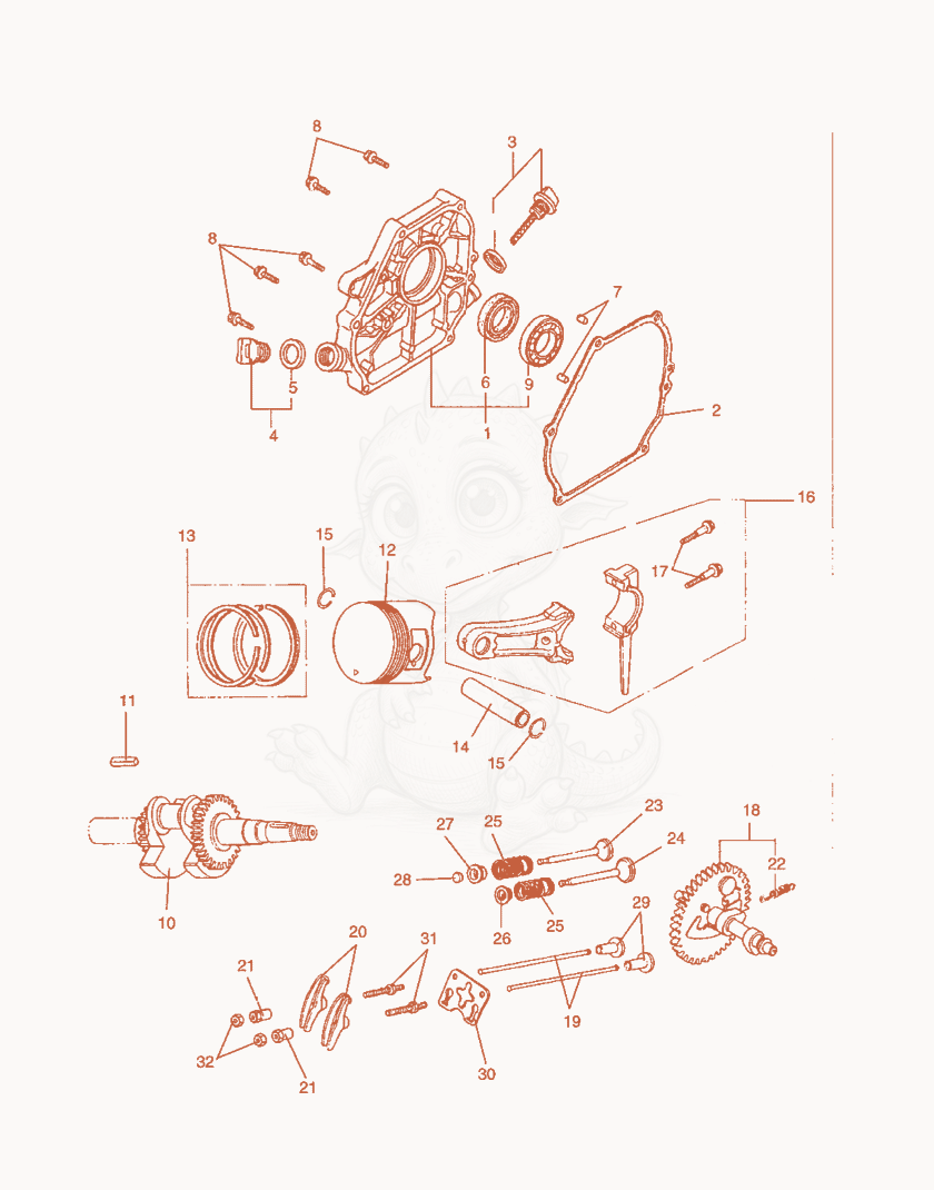 Exploded parts diagram of the Crankcase Cover-Connecting Rod-Camshaft of a Wacker Neuson A5000, with numbered balloons