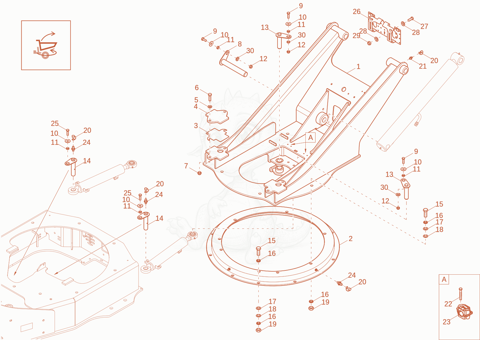 Despiece del SWING BRACKET de una máquina Wacker Neuson DW40-2, con globos numerados