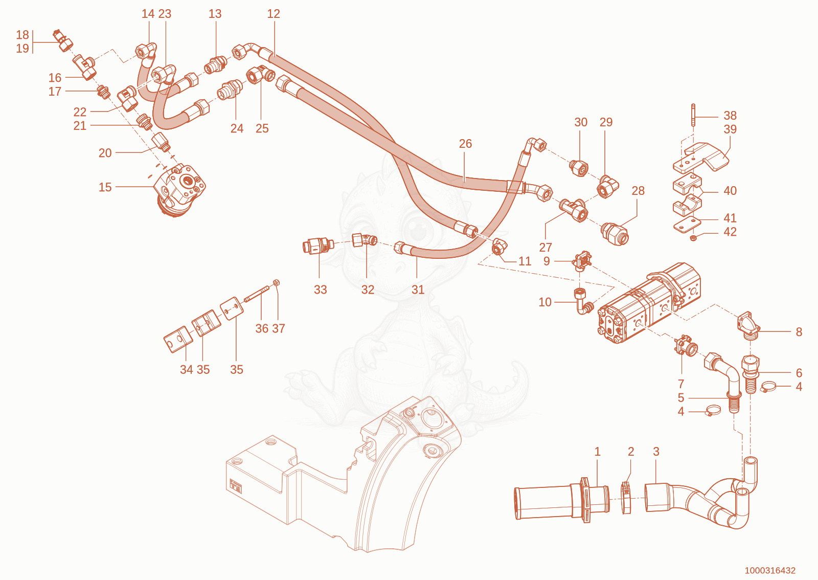 Despiece del Hydraulic circuit steering-Pump-Tank de una máquina Wacker Neuson TH730(415-14), con globos numerados