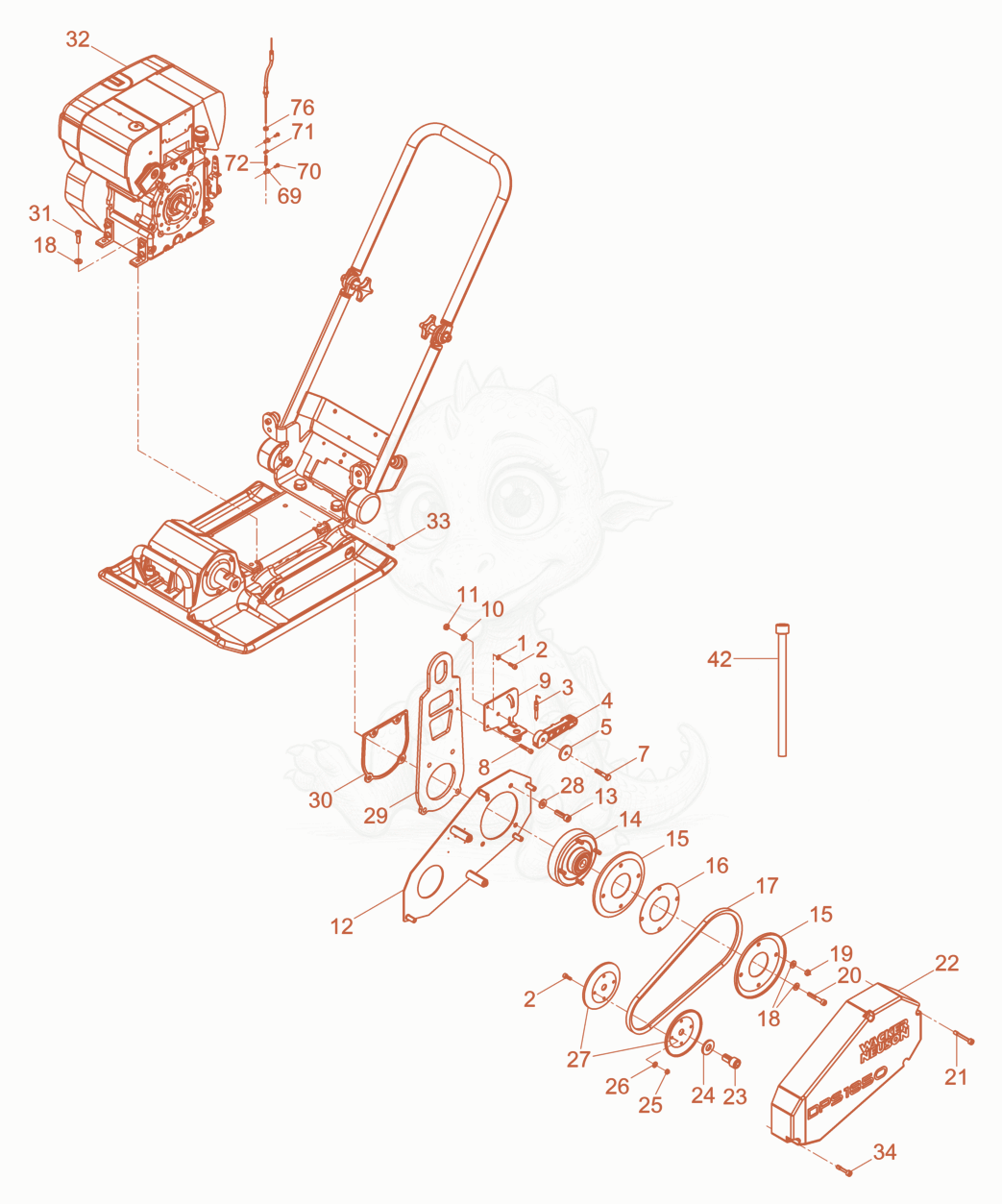 Exploded parts diagram of the Vibratory Plate cpl. of a Wacker Neuson DPS1850HBASIC, with numbered balloons