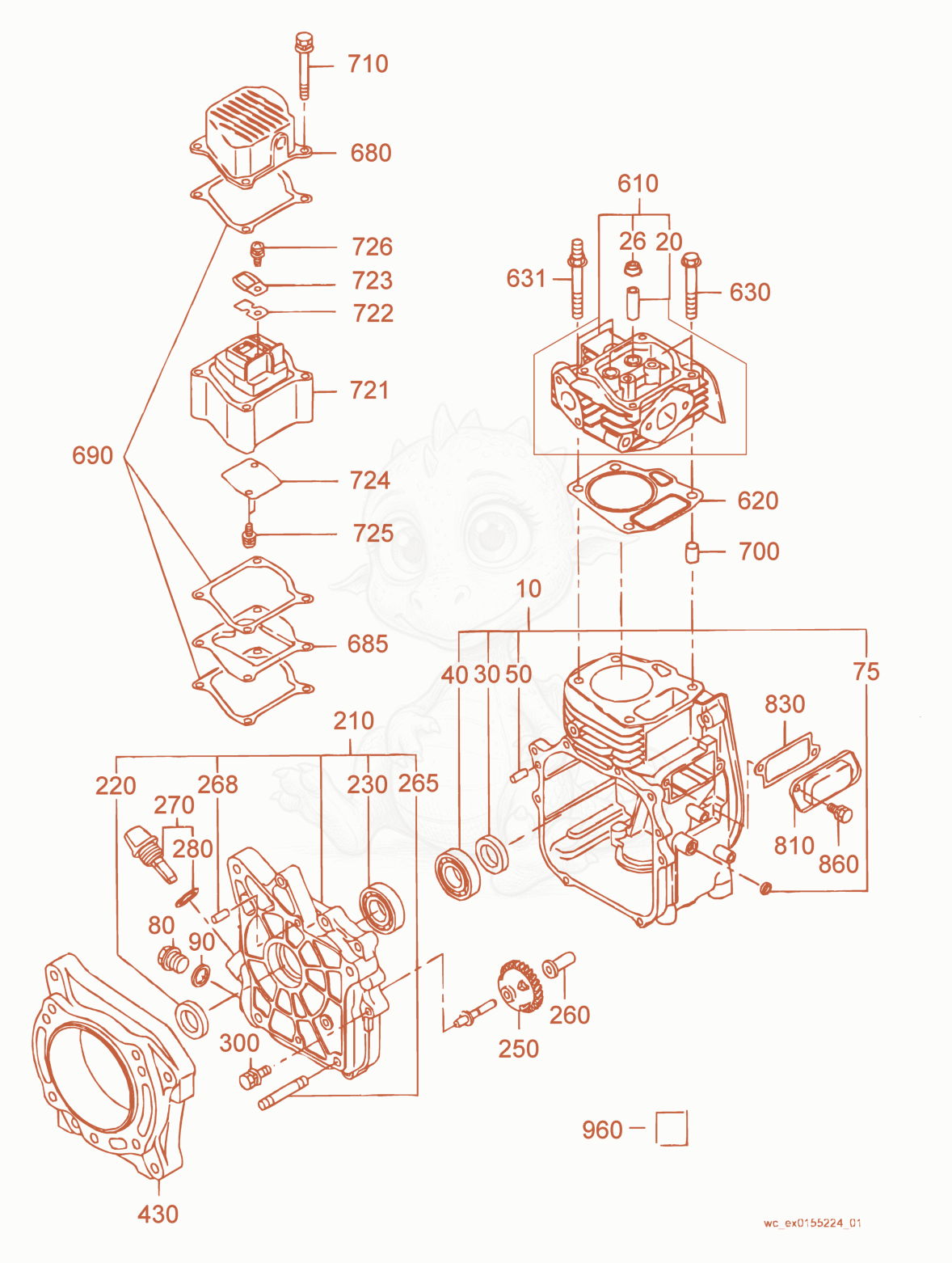 Exploded parts diagram of the Crankcase cpl. of a Wacker Neuson BS600-4, with numbered balloons