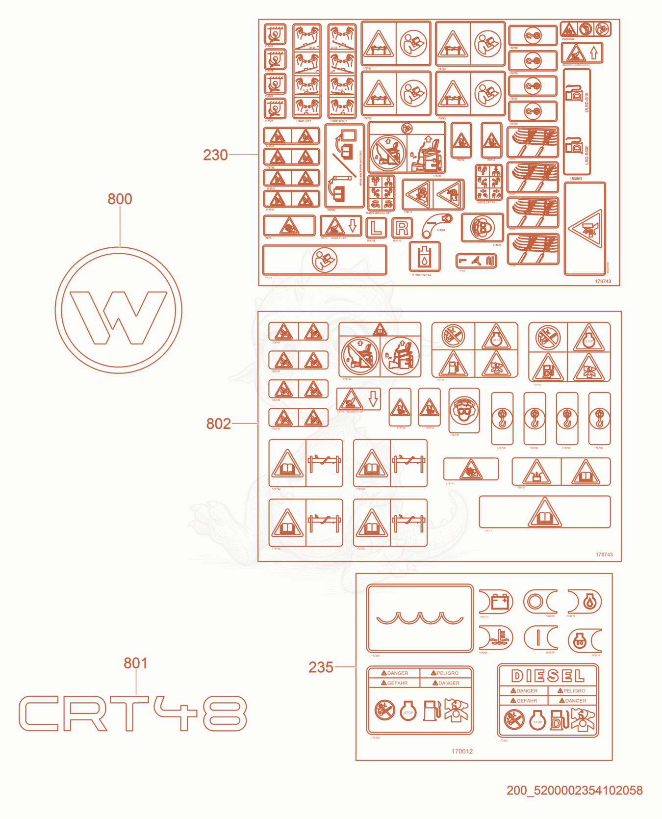 Exploded parts diagram of the Labels of a Wacker Neuson CRT48-33K, with numbered balloons