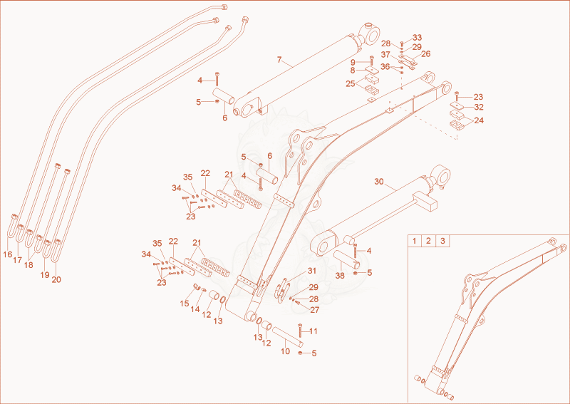 Exploded parts diagram of the lift arm of a Wacker Neuson 1403RD, with numbered balloons