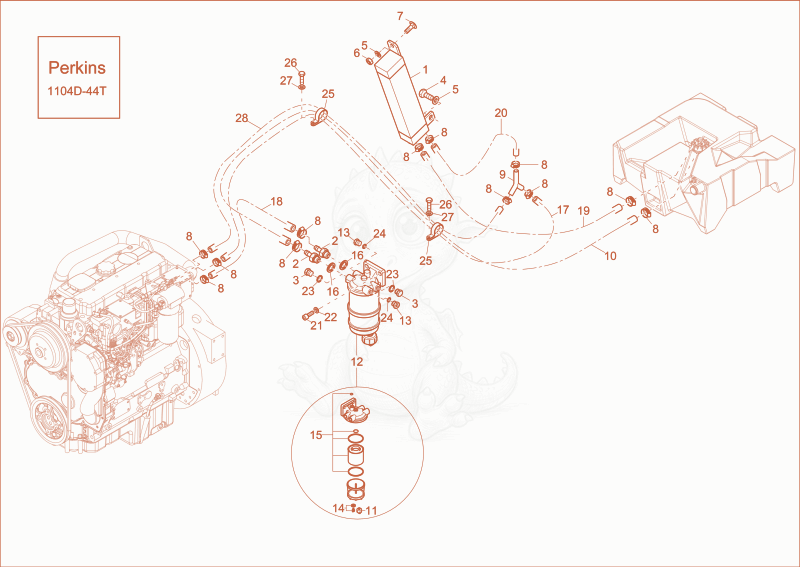Exploded parts diagram of the fuel system of a Wacker Neuson ST45(S04-04), with numbered balloons