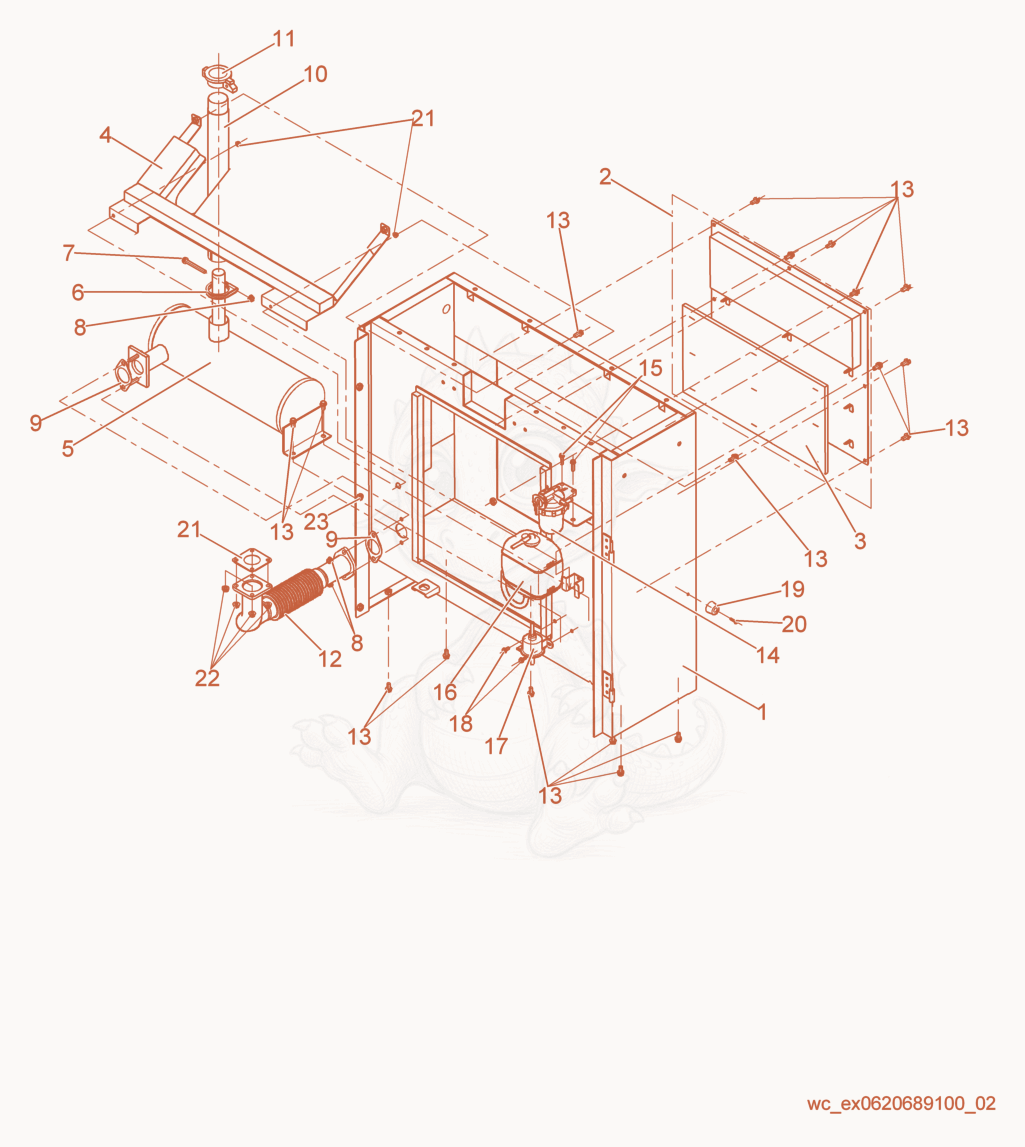 Exploded parts diagram of the Rear Enclosure w/Fuel Filter/Muffler of a Wacker Neuson G14, with numbered balloons