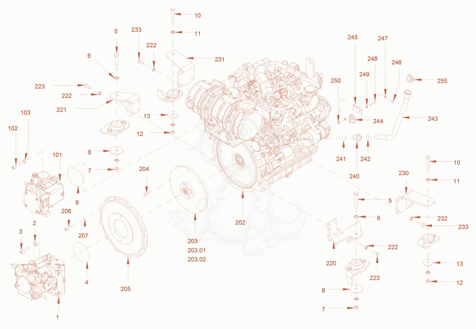 Exploded parts diagram of the pump drive and engine assembly of a Wacker Neuson RC50P, with numbered balloons
