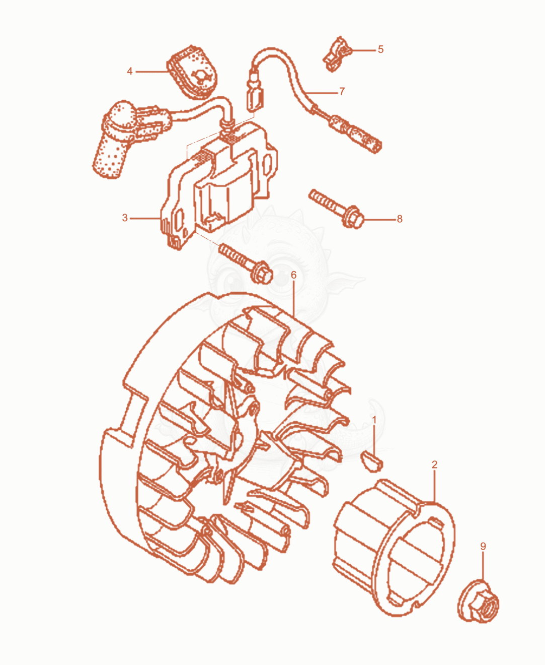 Exploded parts diagram of the Flywheel/Ignition Coil of a Wacker Neuson VP1030A, with numbered balloons