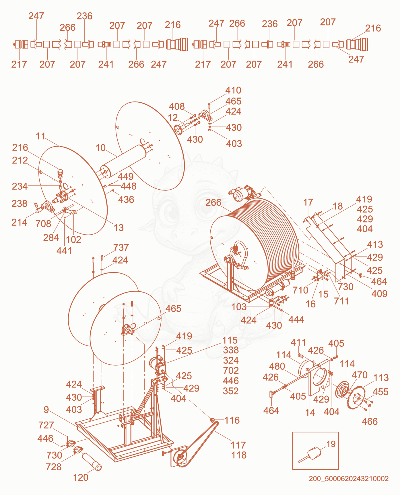 Despiece del Hose Reel cpl. de una máquina Wacker Neuson HSH700G, con globos numerados