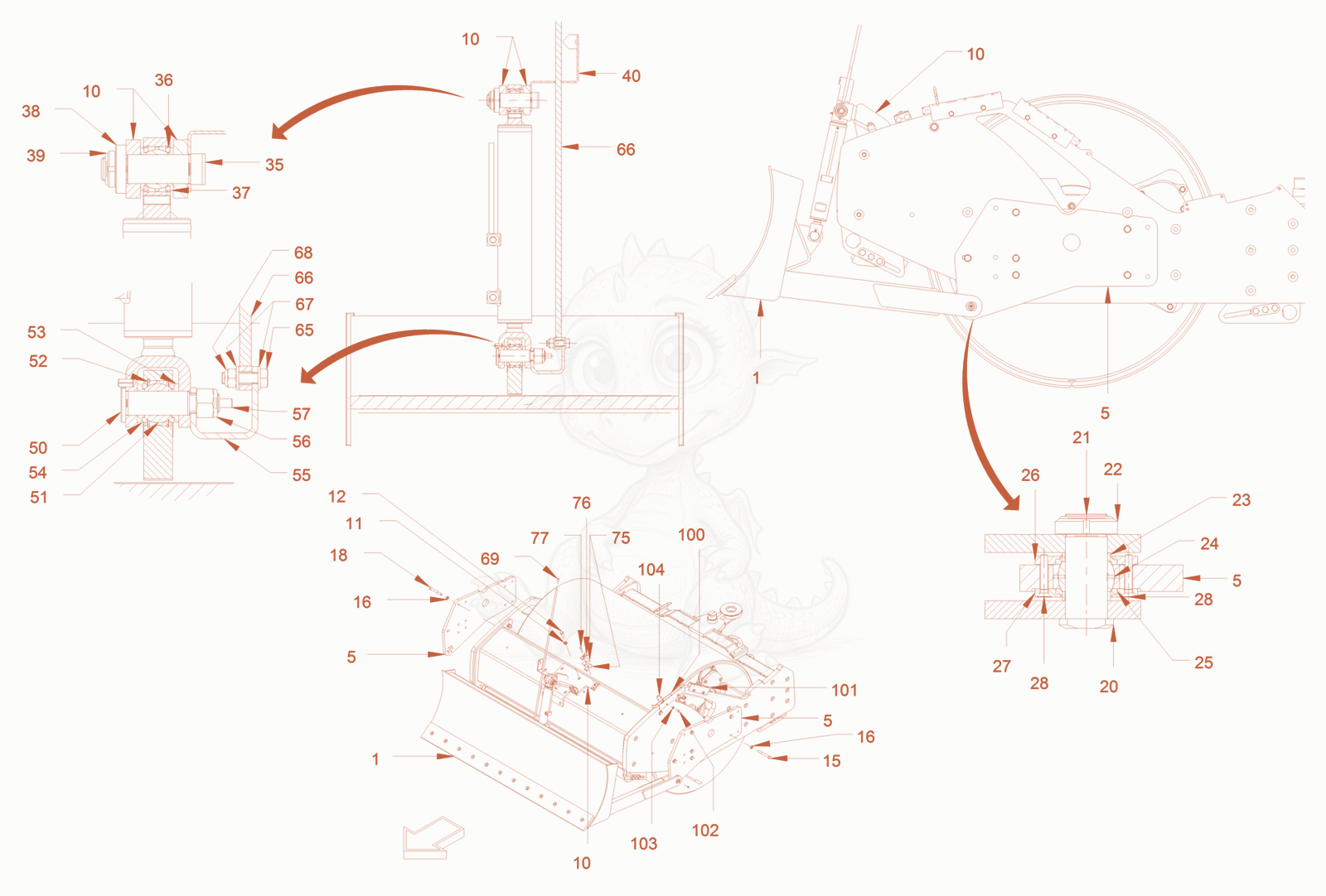 Exploded parts diagram of the dozer blade of a Wacker Neuson RC50P, with numbered balloons