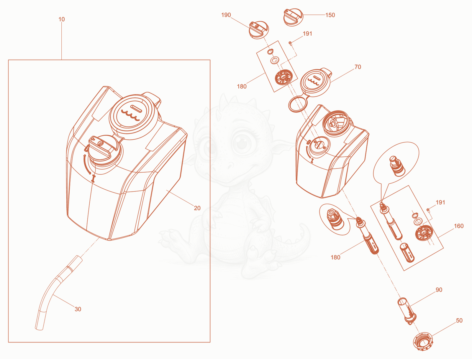Exploded parts diagram of the Water tank of a Wacker Neuson BPS1340AW, with numbered balloons