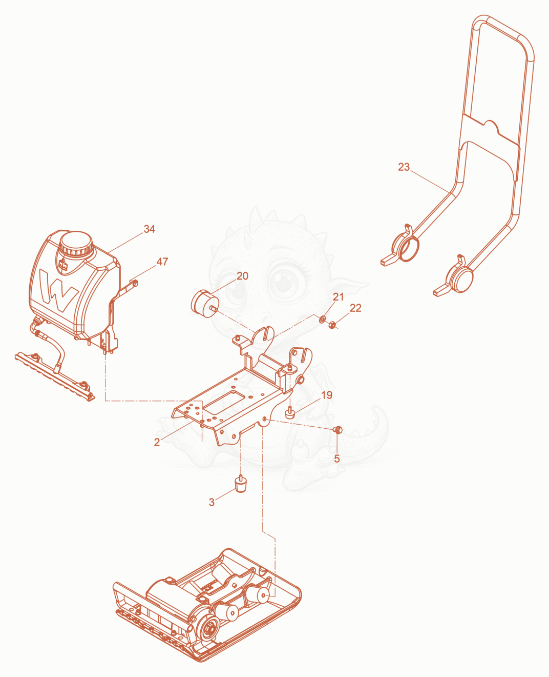 Exploded parts diagram of the Vibration Plate of a Wacker Neuson VP1135AWCN, with numbered balloons